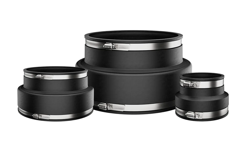 Three Fernco standard flexible couplings in different sizes