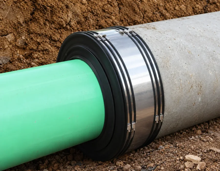 Fernco Large Diameter Strong Back RC coupling joining PVC to concrete pipe in a trench