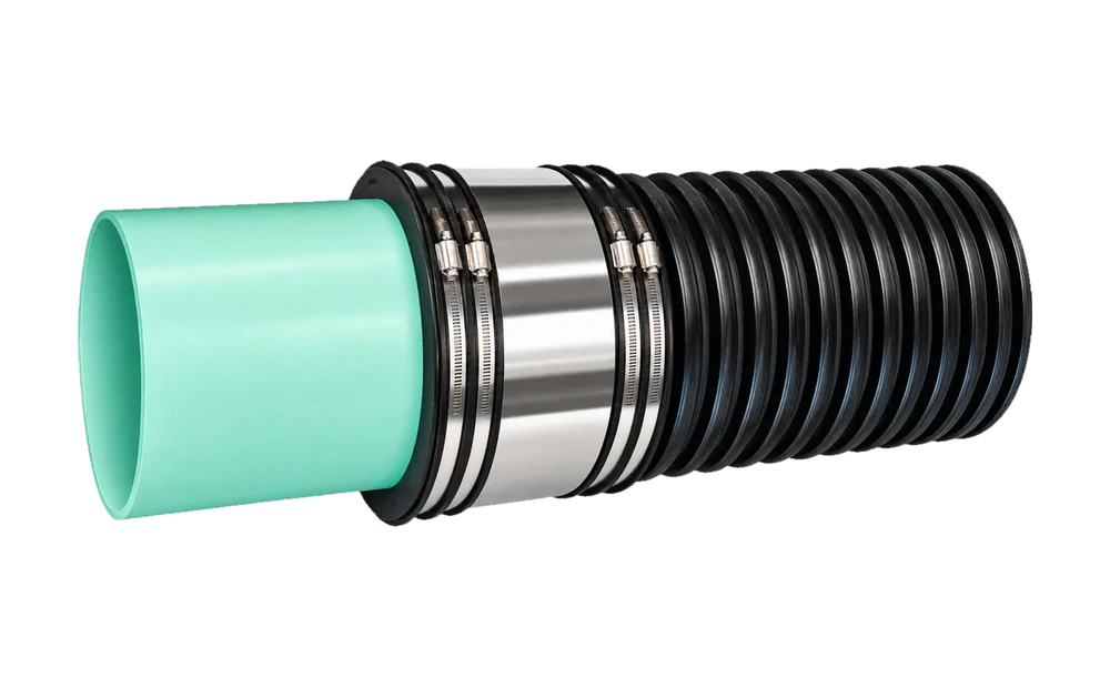 Fernco Strong Back HTRC coupling joining corrugated pipe to PVC
