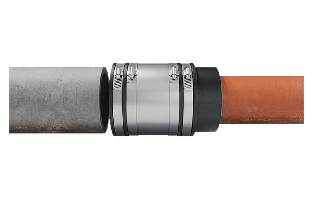 Fernco Strong Back RC coupling installed joining two pipe materials