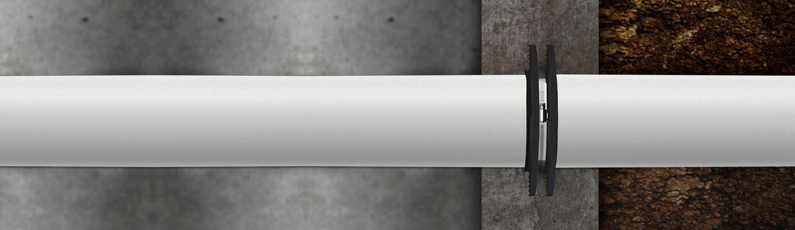 Cutaway of a Fernco Dual Puddle Flange clamped to a pipe and cast into a concrete foundation wall