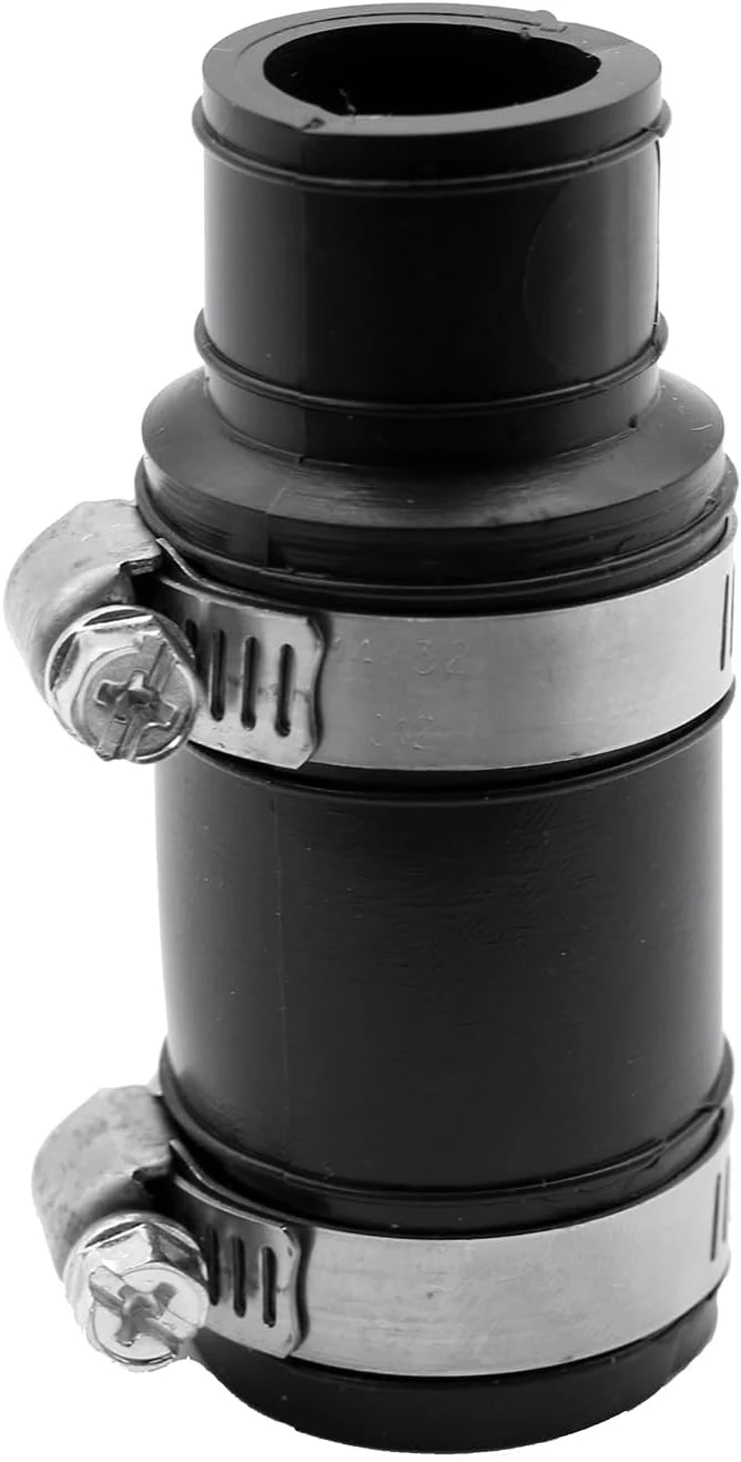 Fernco Dishwasher Drain Connector with its narrow stepped end and two stainless steel clamps
