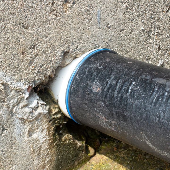 A Fernco ICON coupling joining a pipe stub in a concrete foundation wall to new pipe
