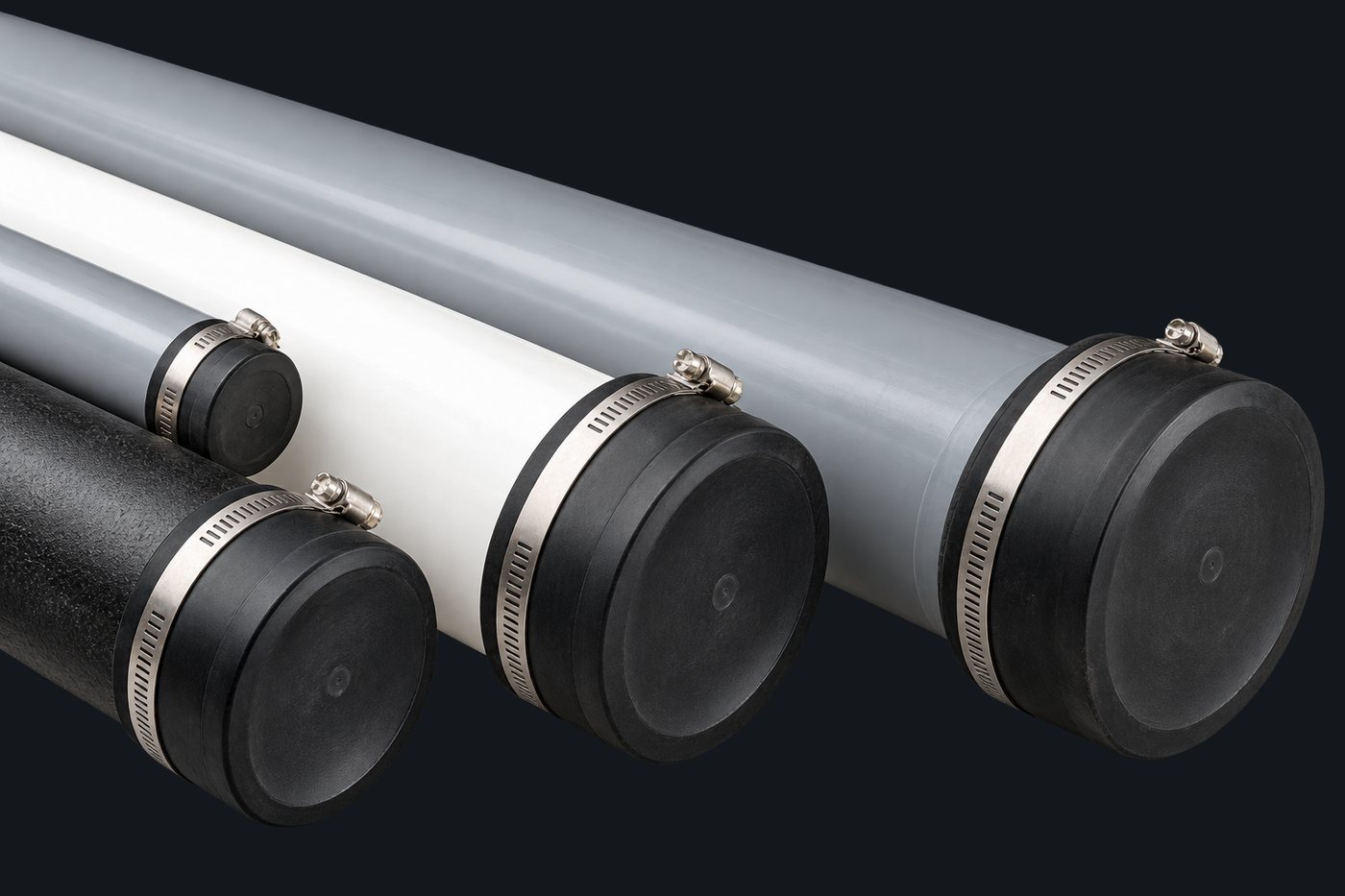 Fernco Qwik Caps clamped on the ends of black, white and gray pipe