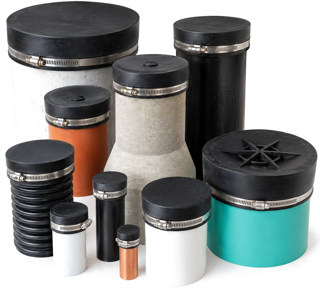 Fernco Qwik Caps in a range of sizes on plastic, clay, concrete, cast iron and corrugated pipe