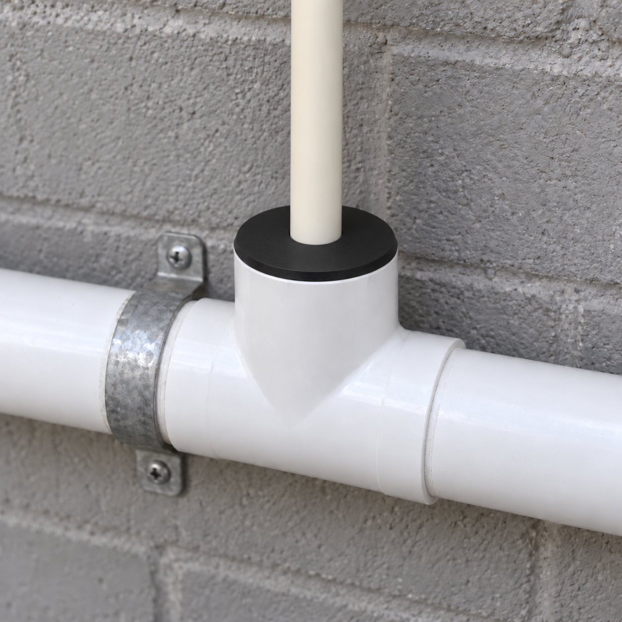 Fernco Utility Connector in the top socket of a white 1-1/2 inch PVC tee, with a 3/4 inch CPVC line pushed through its center