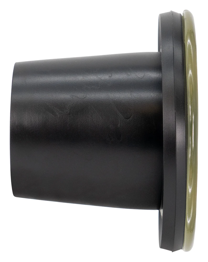 Side view of the Fernco FUS-2 wax-free urinal seal: tapered black PVC body and black flange with an amber adhesive ring