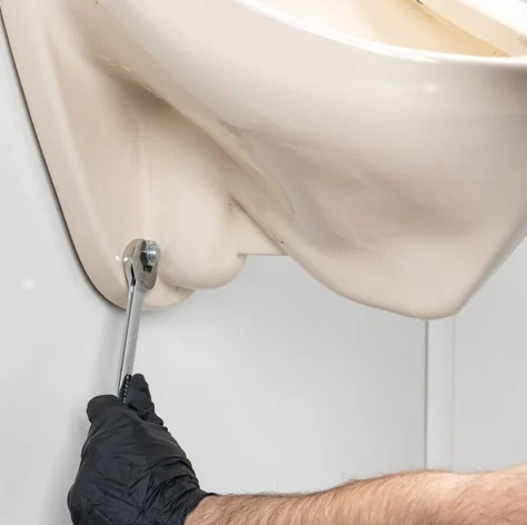 Tightening the urinal bolts with a wrench